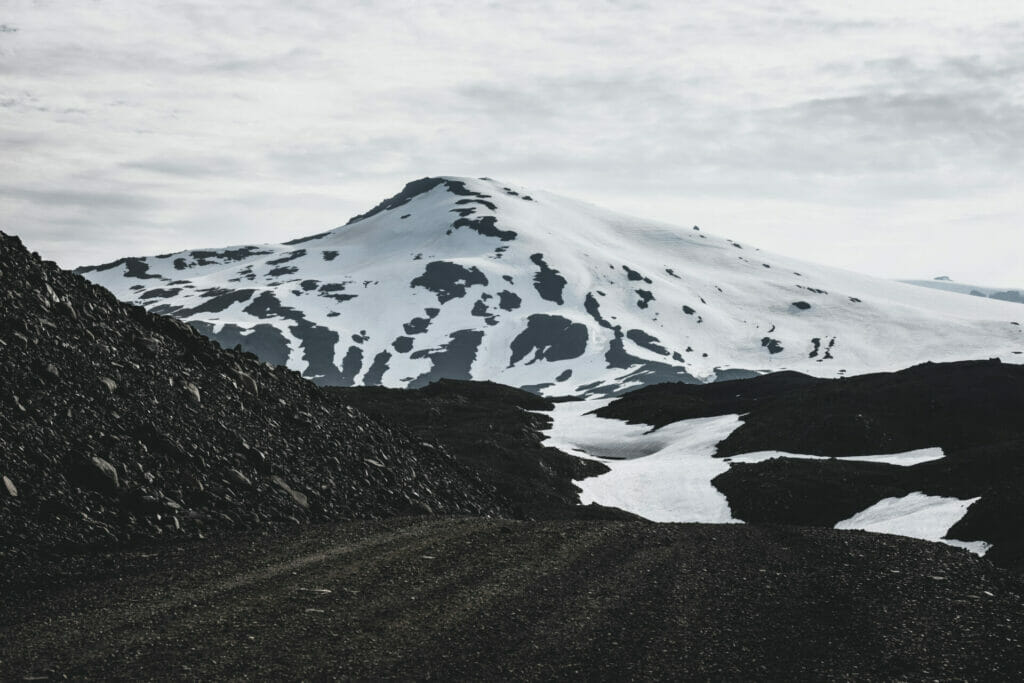 Langjökull Glacier Mountain Peak under summer skyscape. Langjökull Glacier, North-West Iceland, Northern Europe
