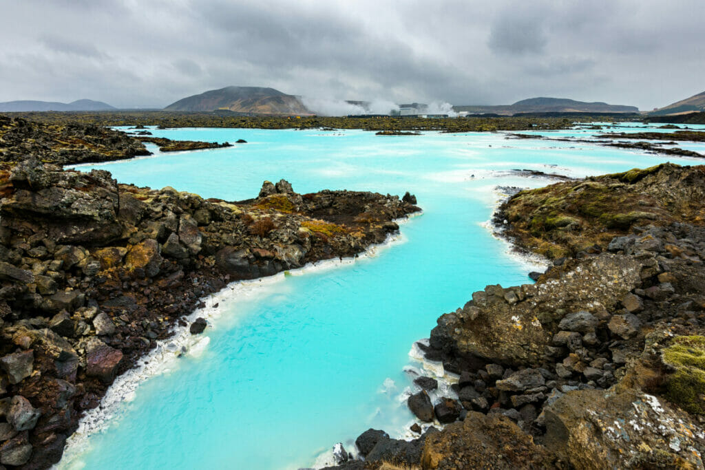 Wide angle view of the landscape at the Blue Lagoon in Iceland, Europe.